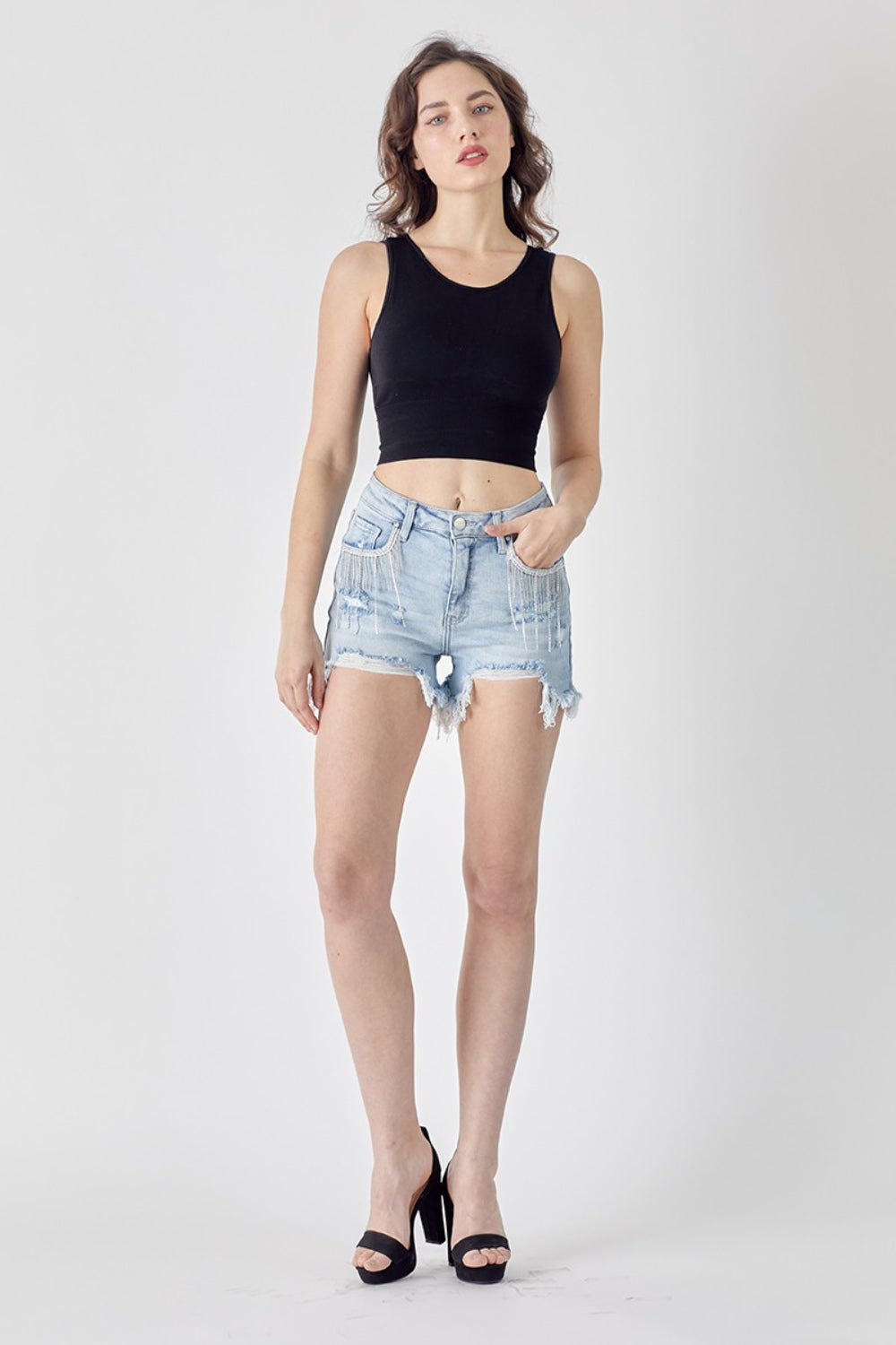 RISEN Frayed Hem Denim Shorts with Fringe Detail Pockets-Angel Casuals