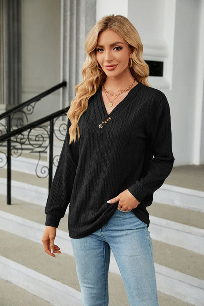 Decorative Button V-Neck Long Sleeve T-Shirt-Angel Casuals