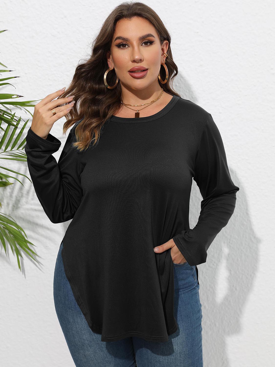 Plus Size Round Neck Long Sleeve Slit T-Shirt-Angel Casuals