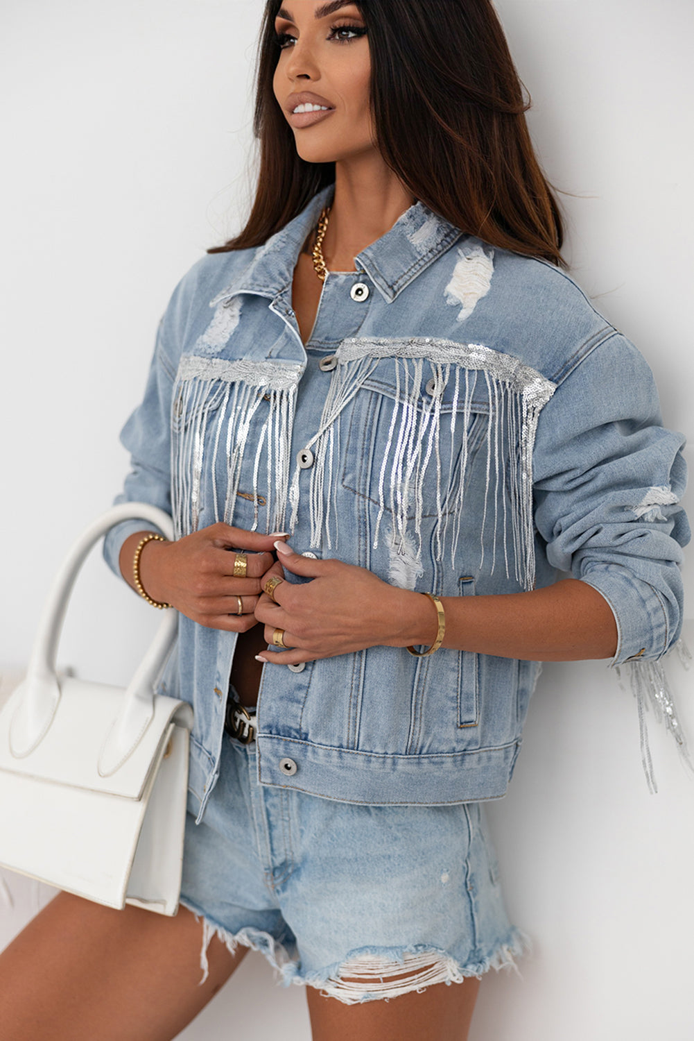 Sequin Fringe Trim Distressed Button Up Denim Jacket-Angel Casuals