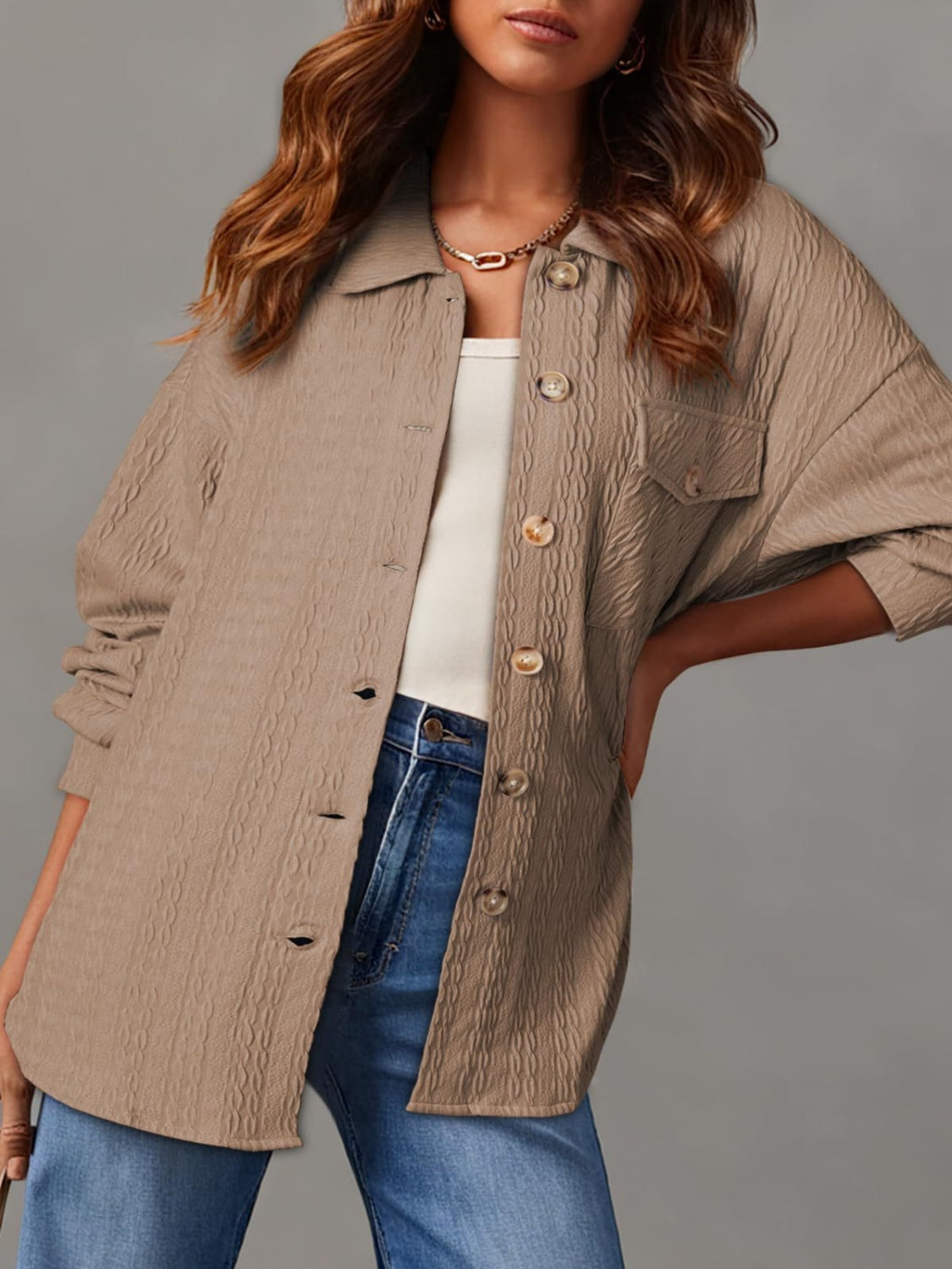 Textured Button Up Long Sleeve Shacket-Angel Casuals