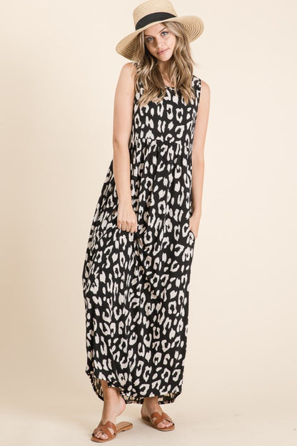 BOMBOM Leopard Maxi Dress with Pockets-Angel Casuals