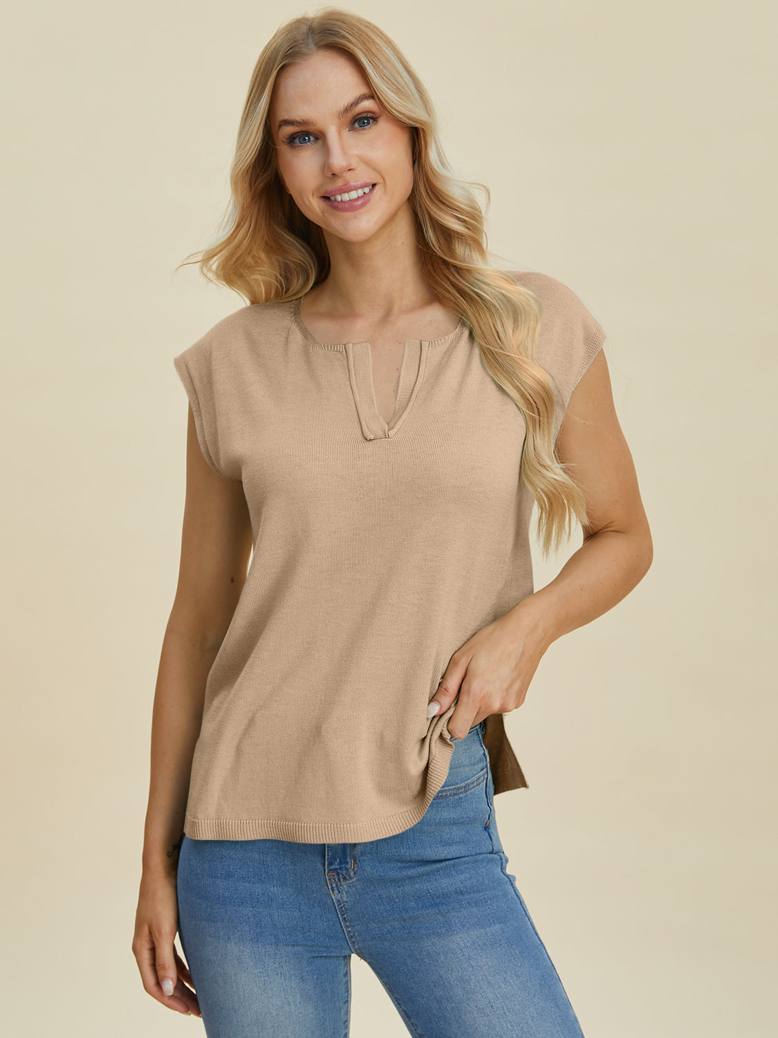 Double Take Full Size Notched Cap Sleeve Knit Top-Angel Casuals