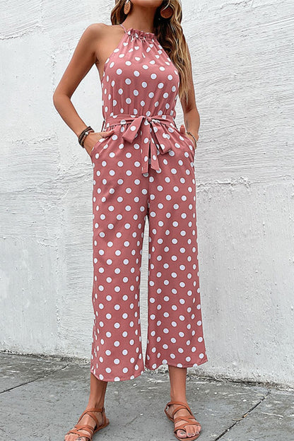 Polka Dot Grecian Wide Leg Jumpsuit-Angel Casuals