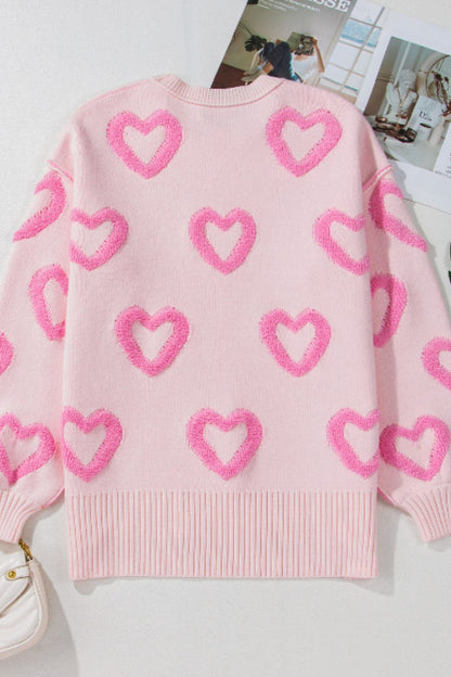 High-Low Heart Round Neck Long Sleeve Sweater-Angel Casuals