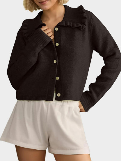 Frill Button Up Collared Neck Long Sleeve Cardigan-Angel Casuals