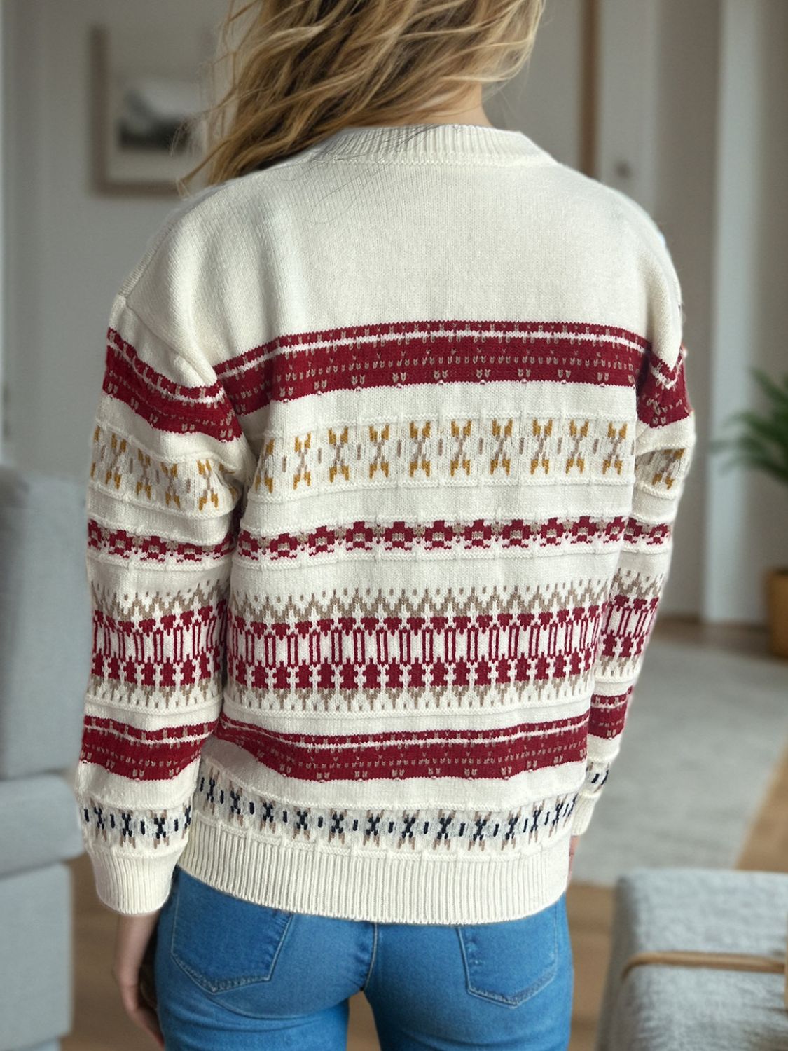 Geometric Round Neck Long Sleeve Sweater-Angel Casuals