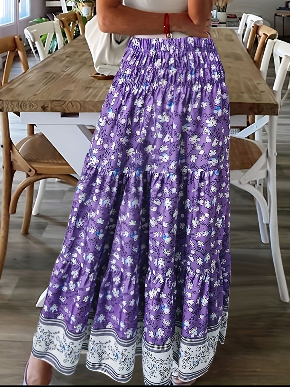 Full Size Tiered Printed Elastic Waist Skirt-Angel Casuals