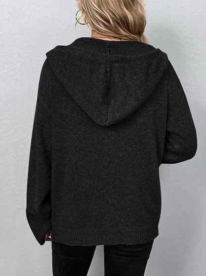 Button Up Drawstring Long Sleeve Hooded Cardigan-Angel Casuals