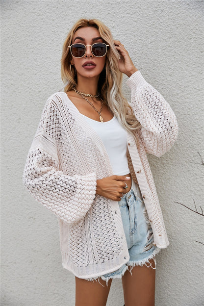 Openwork V-Neck Button Up Cardigan-Angel Casuals