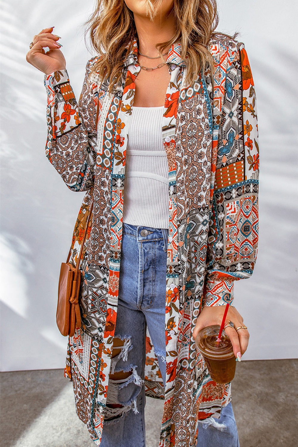 Printed Button Up Long Sleeve Cardigan-Angel Casuals