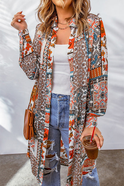 Printed Button Up Long Sleeve Cardigan-Angel Casuals