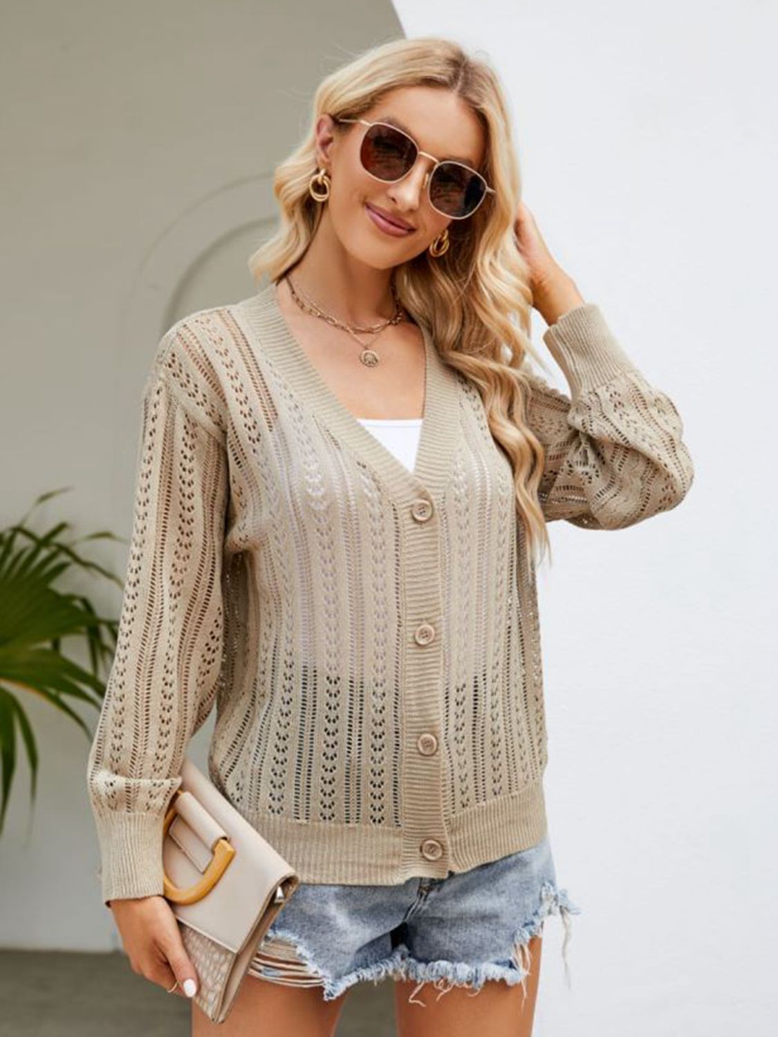 Button Down Ribbed Trim Cardigan-Angel Casuals