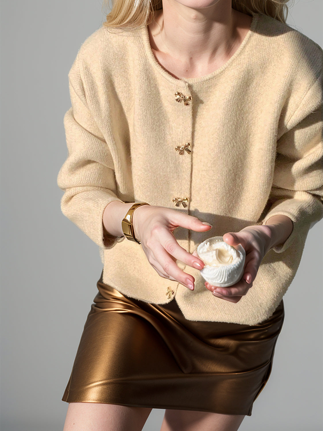 Bow Button Down Round Neck Long Sleeve Cardigan-Angel Casuals