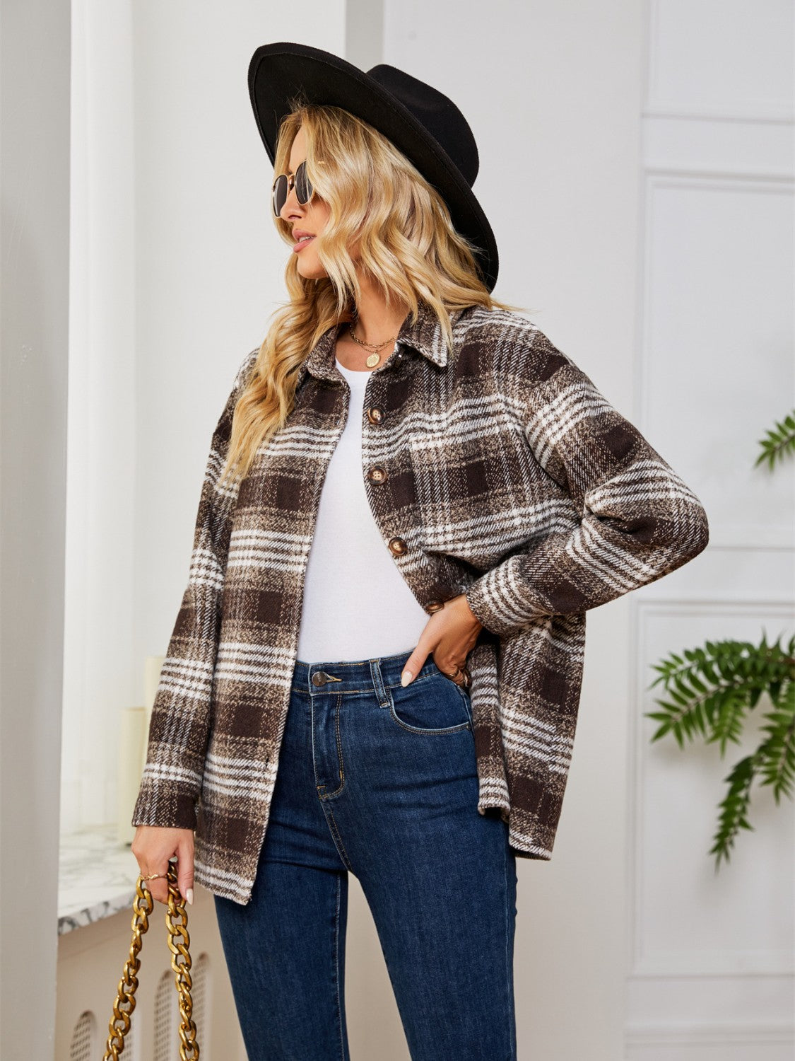 Plaid Collared Shirt Jacket-Angel Casuals