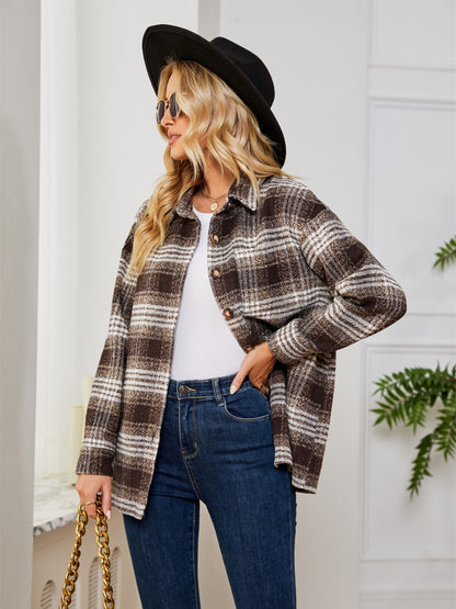 Plaid Collared Shirt Jacket-Angel Casuals