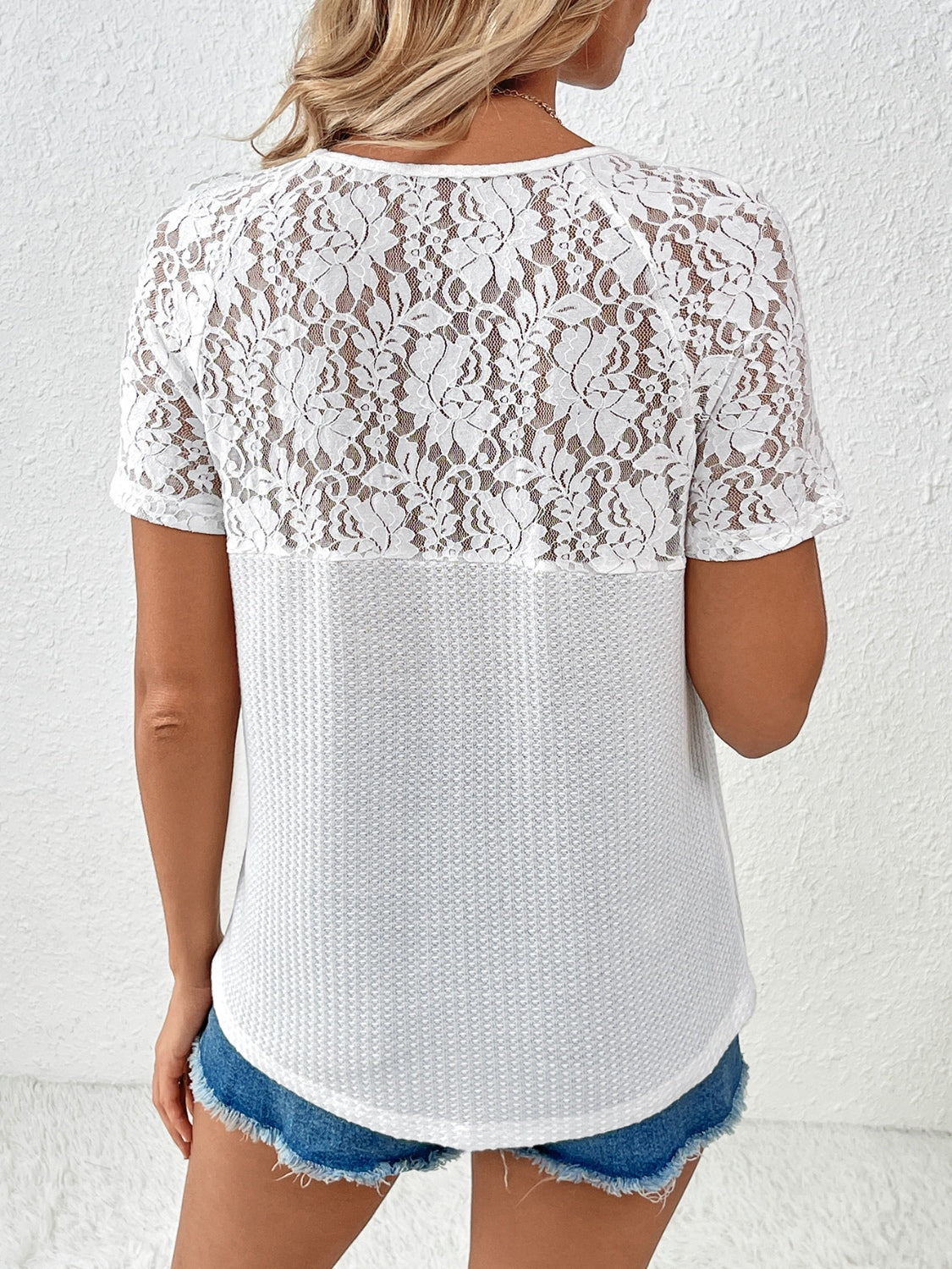 Lace Detail V-Neck Short Sleeve T-Shirt-Angel Casuals