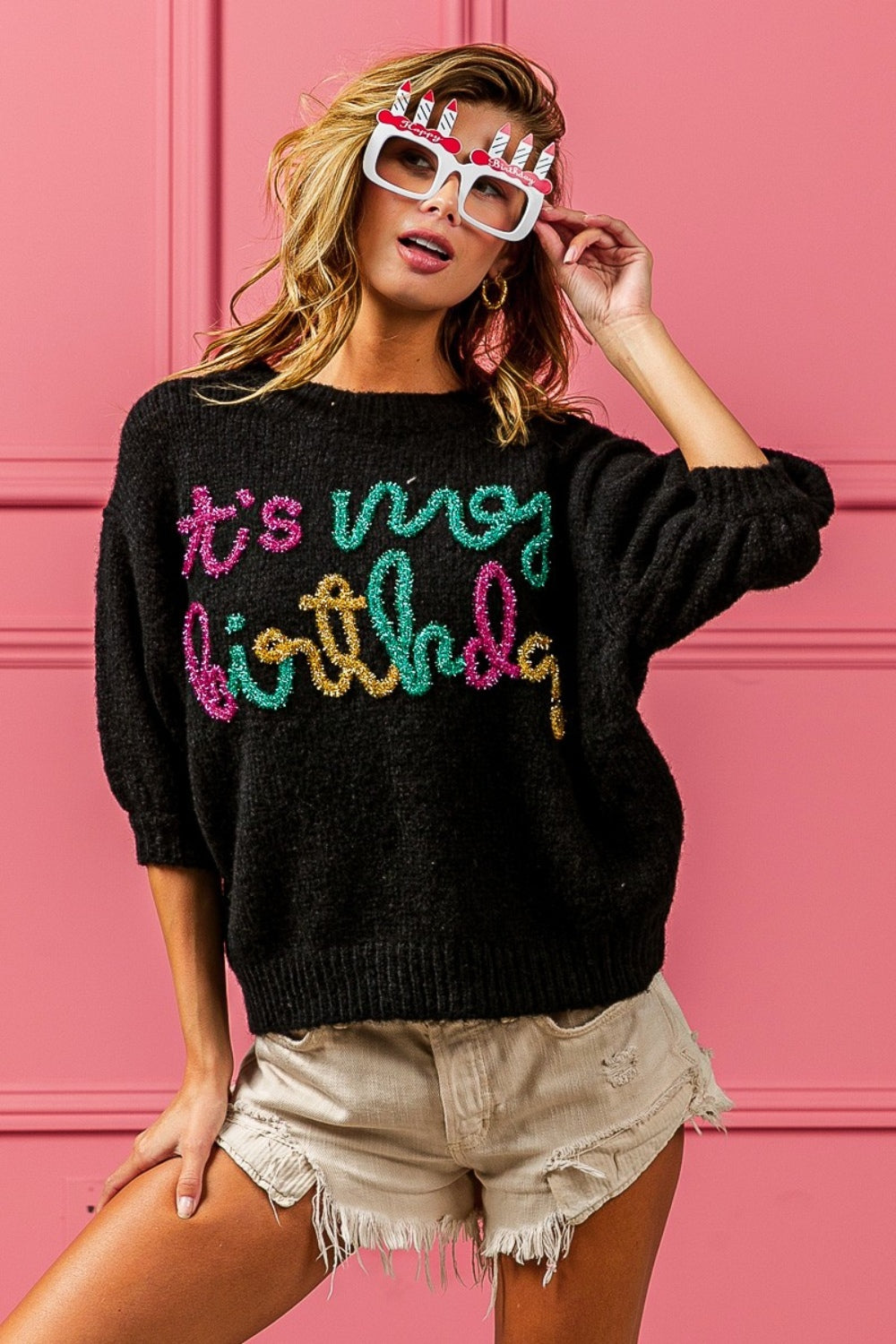 BiBi Metallic Letter Puff Sleeve Hairy Sweater-Angel Casuals