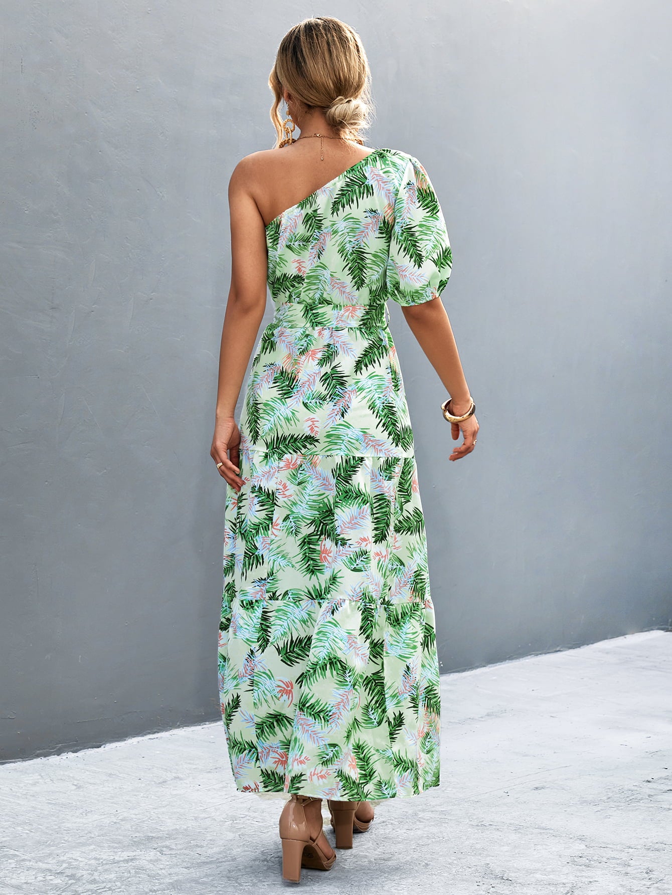 Printed Tie Waist One Shoulder Maxi Dress-Angel Casuals