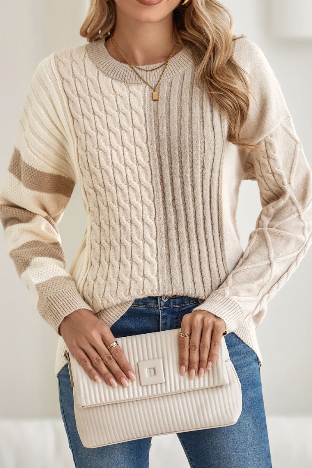 Cable-Knit Color Block Round Neck Sweater-Angel Casuals