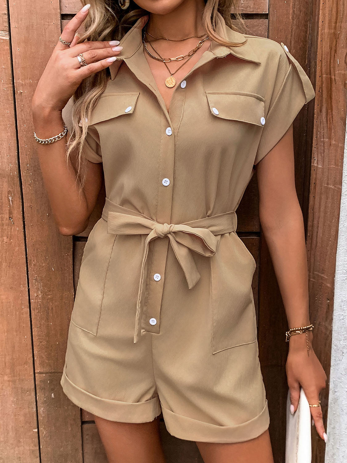 Collared Neck Tie Waist Romper with Pockets-Angel Casuals