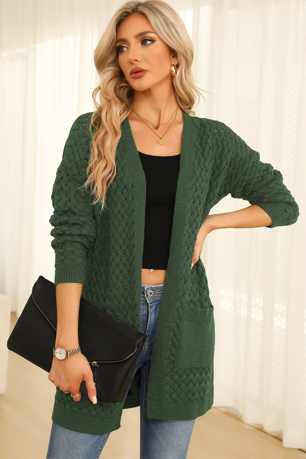 Open Front Dropped Shoulder Cardigan with Pockets-Angel Casuals