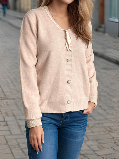 Tied V-Neck Long Sleeve Sweater-Angel Casuals