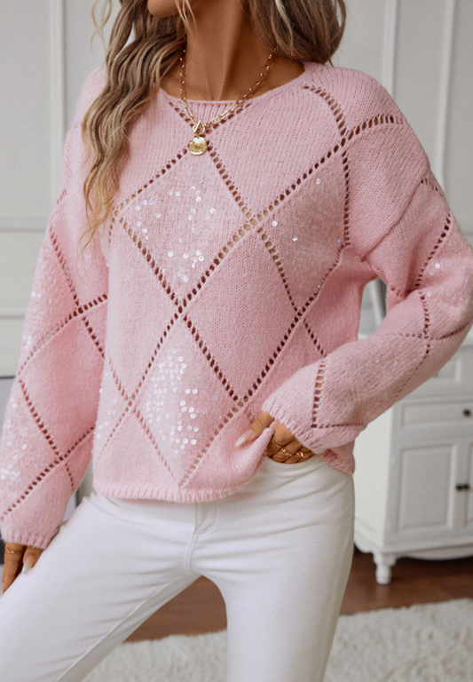 Openwork Sequin Round Neck Long Sleeve Sweater-Angel Casuals