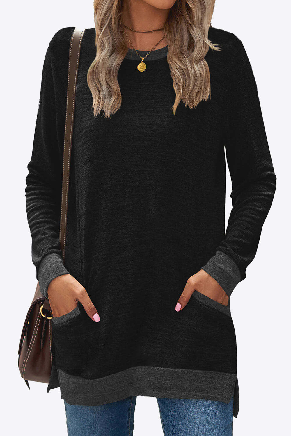 Heathered Slit Top with Pockets-Angel Casuals