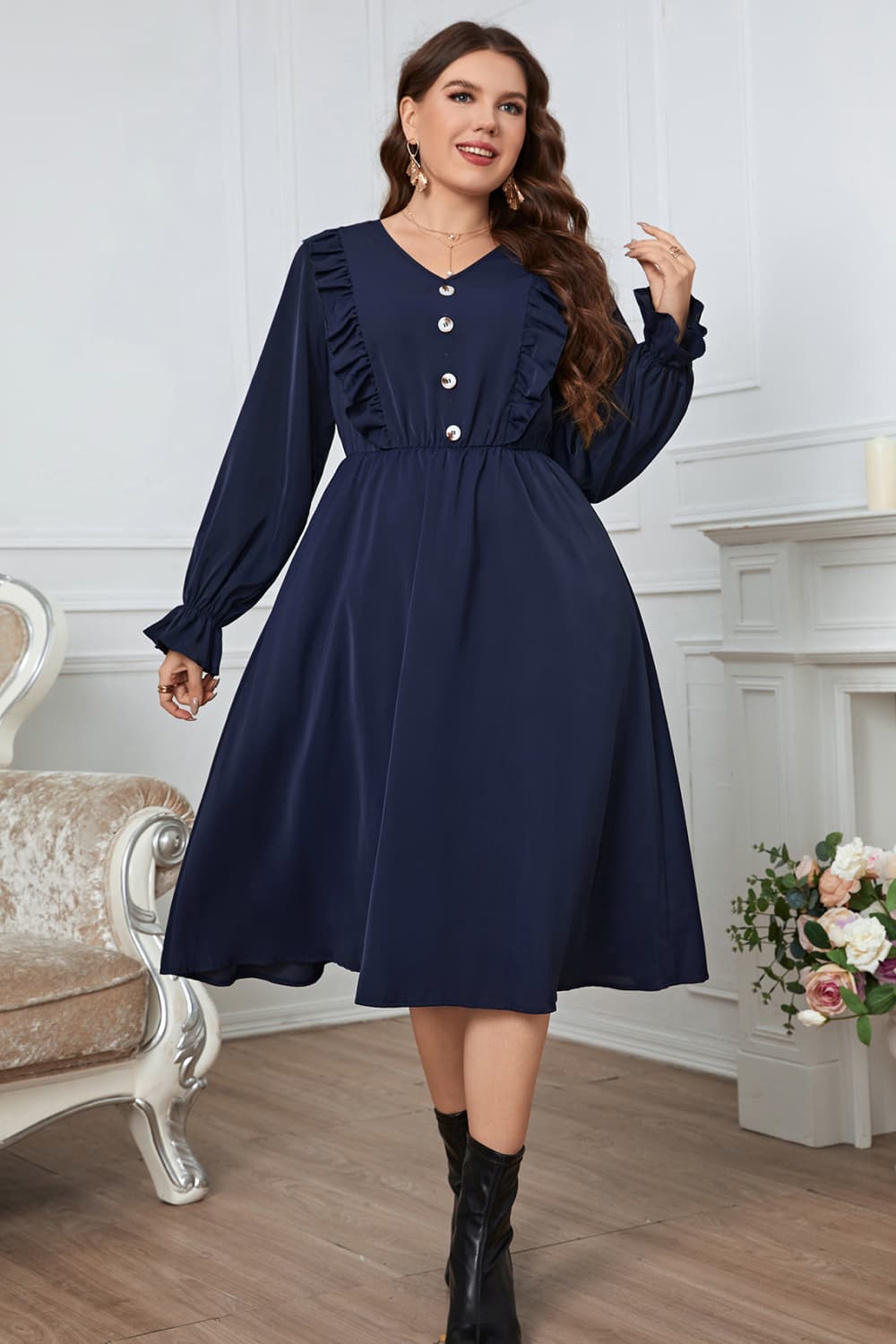 Melo Apparel Plus Size V-Neck Buttoned Flounce Sleeve Dress-Angel Casuals