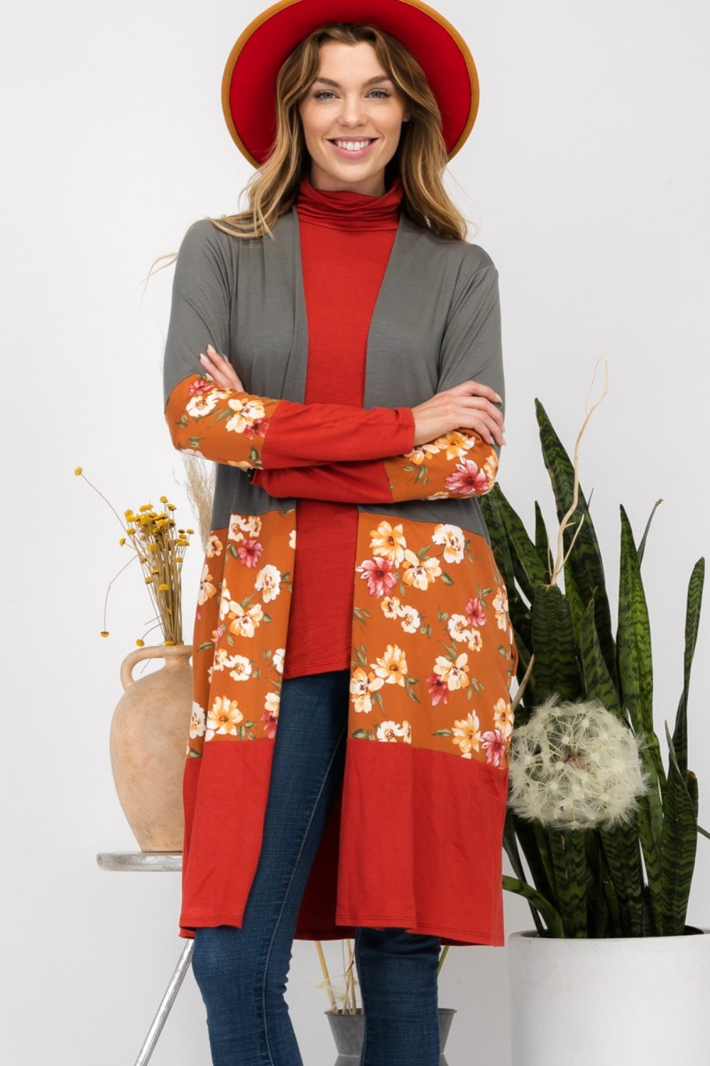 Celeste Full Size Floral Color Block Open Front Cardigan-Angel Casuals