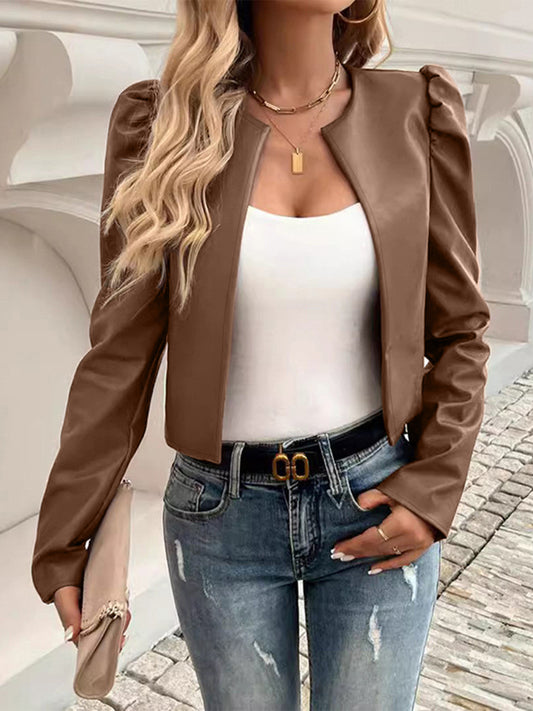 PU Leather Open Front Puff Sleeve Jacket-Angel Casuals