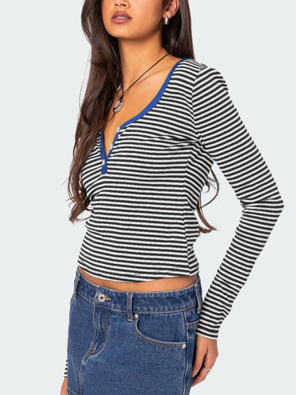 Buttoned Striped Long Sleeve T-Shirt-Angel Casuals