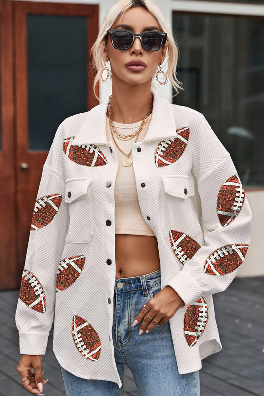 Sequin Football Patch Collared Neck Snap Button Jacket-Angel Casuals
