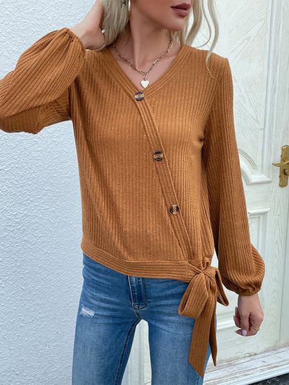 Perfee Rib-Knit Asymmetrical Button Blouse-Angel Casuals