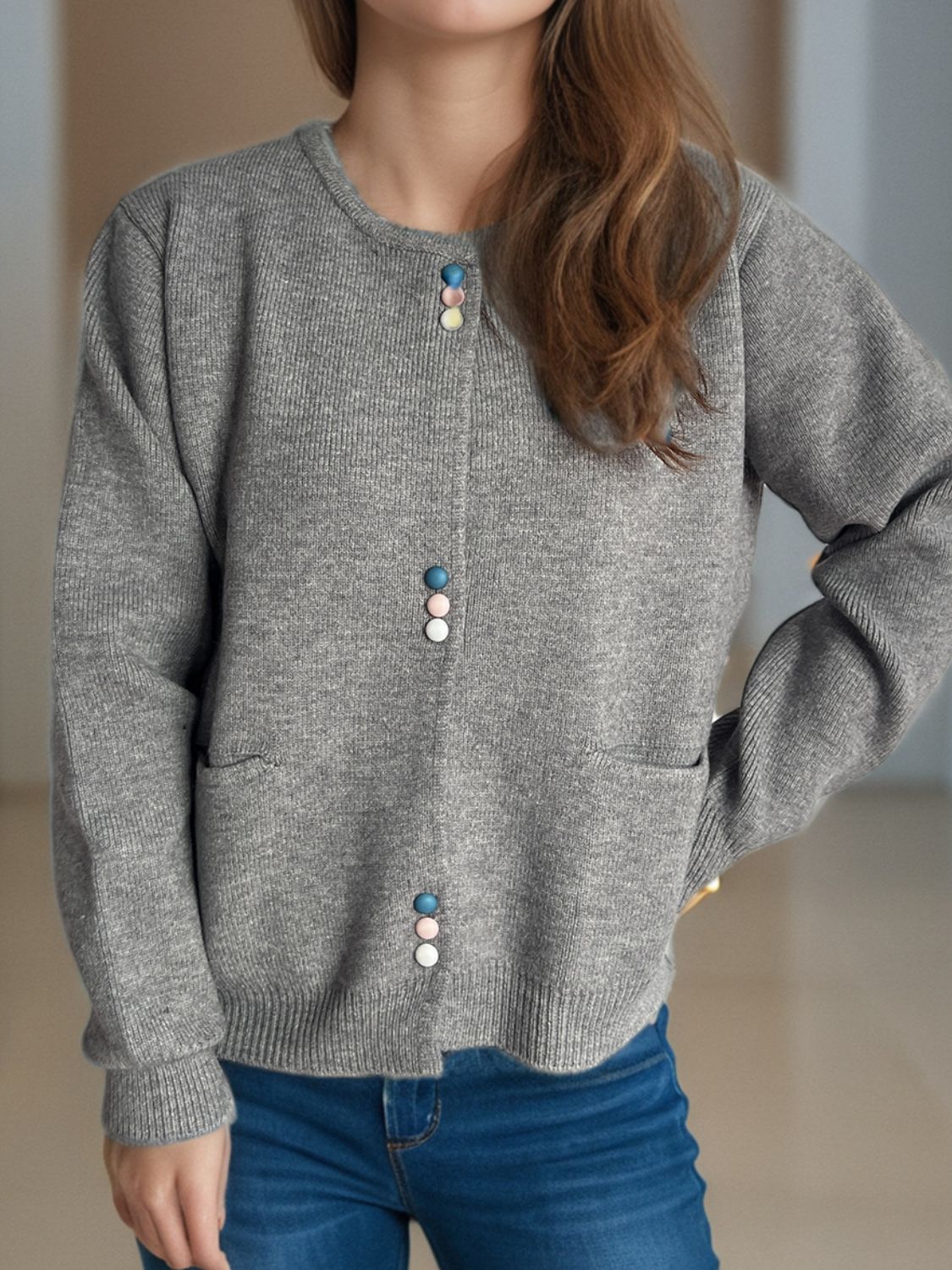 Button Down Long Sleeve Cardigan with Pockets-Angel Casuals