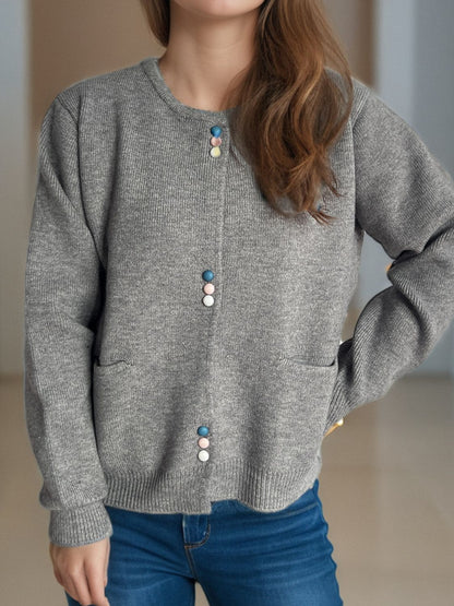 Button Down Long Sleeve Cardigan with Pockets-Angel Casuals