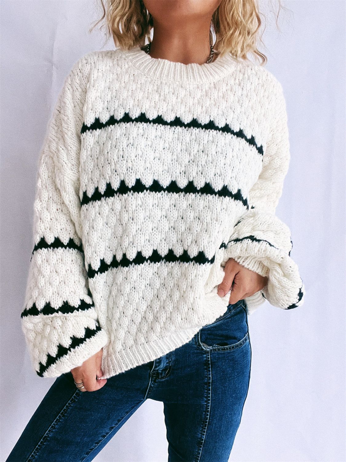 Contrast Stripes Round Neck Long Sleeve Sweater-Angel Casuals