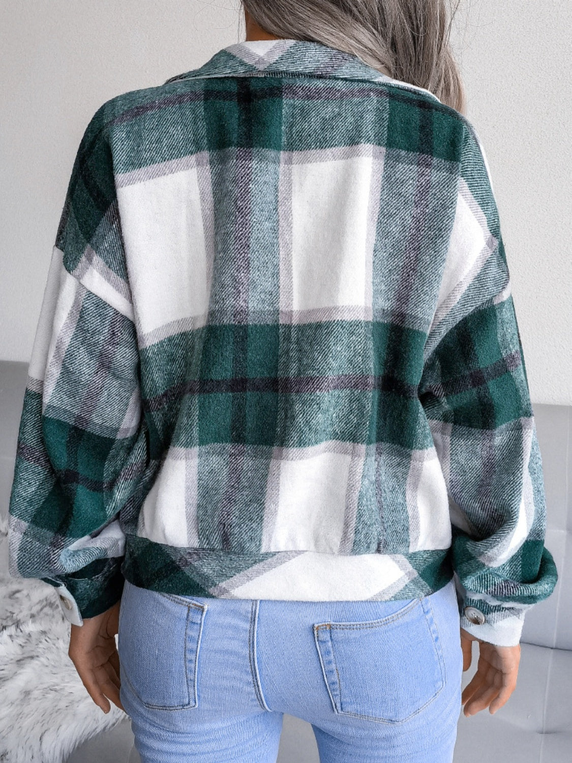 Plaid Collared Neck Long Sleeve Jacket-Angel Casuals