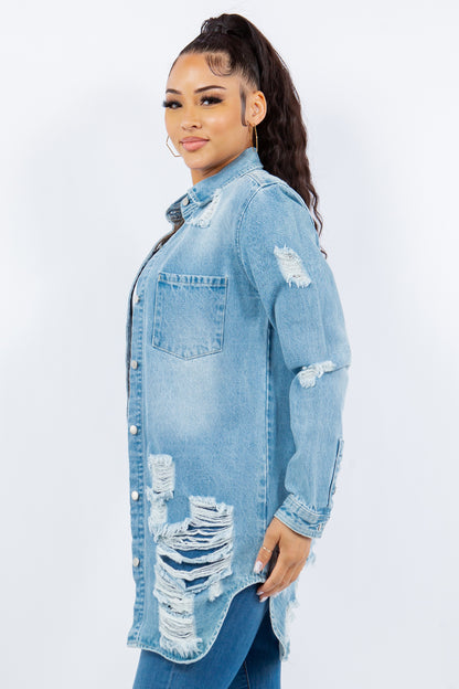 American Bazi Distressed Button Up Long Sleeve Denim Jacket-Angel Casuals