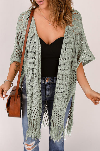 Openwork Open Front Cardigan with Fringes-Angel Casuals