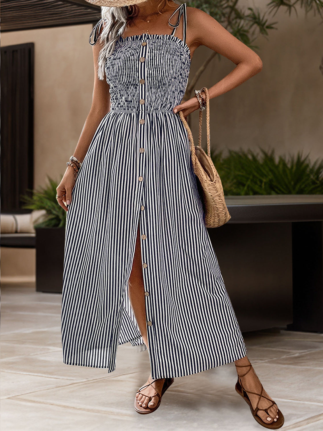 Tied Smocked Striped Sleeveless Midi Dress-Angel Casuals