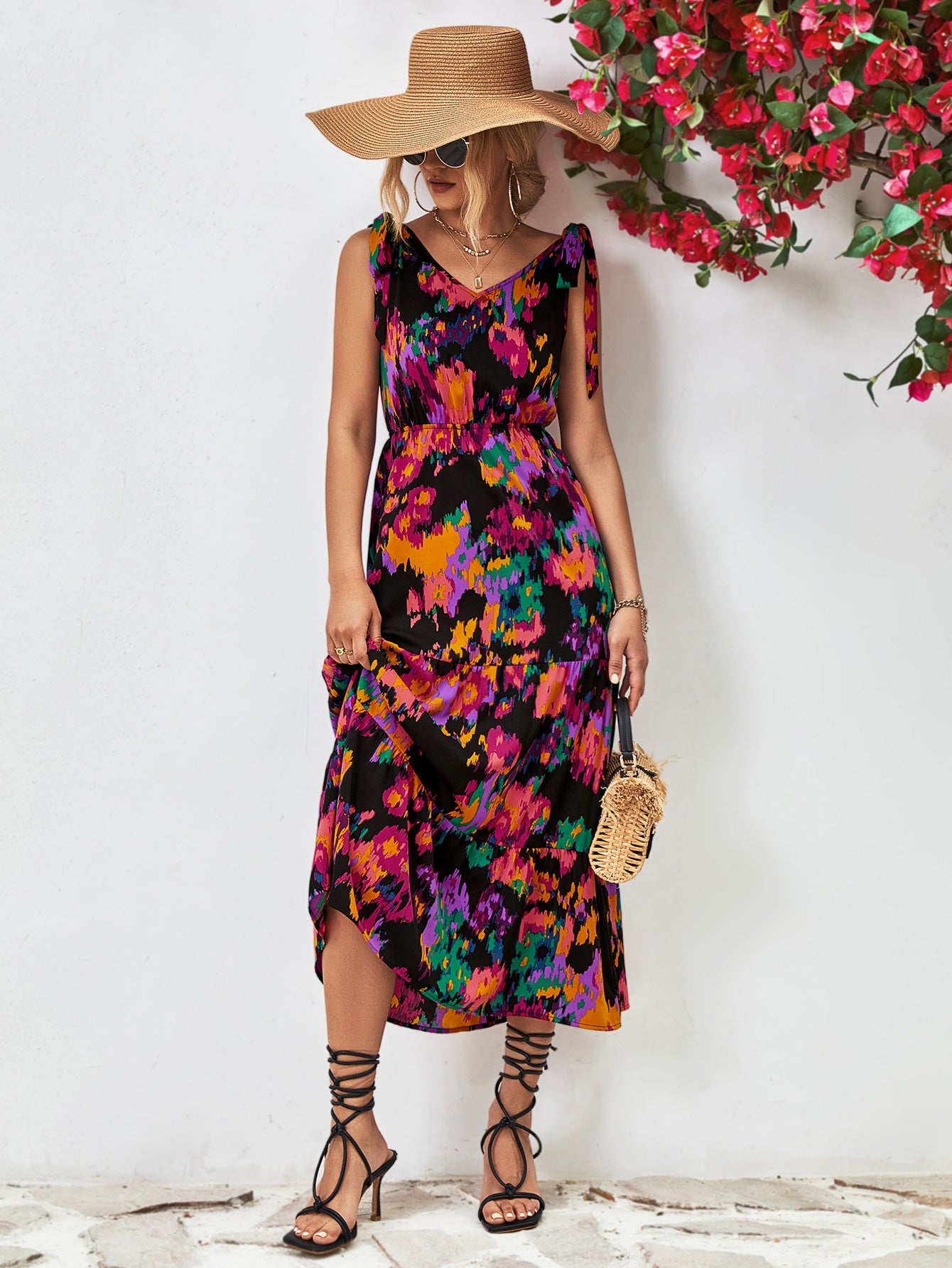 Multicolored V-Neck Backless Midi Dress-Angel Casuals