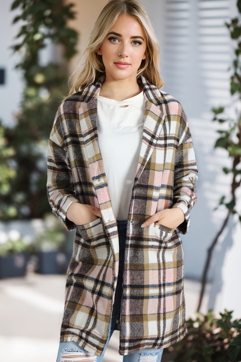 Plaid Longline Jacket with Pockets-Angel Casuals