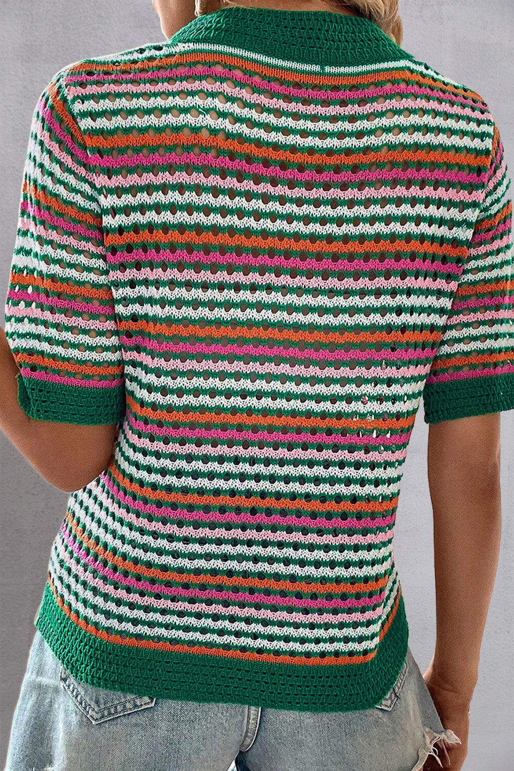 Openwork Striped Short Sleeve Knit Top-Angel Casuals