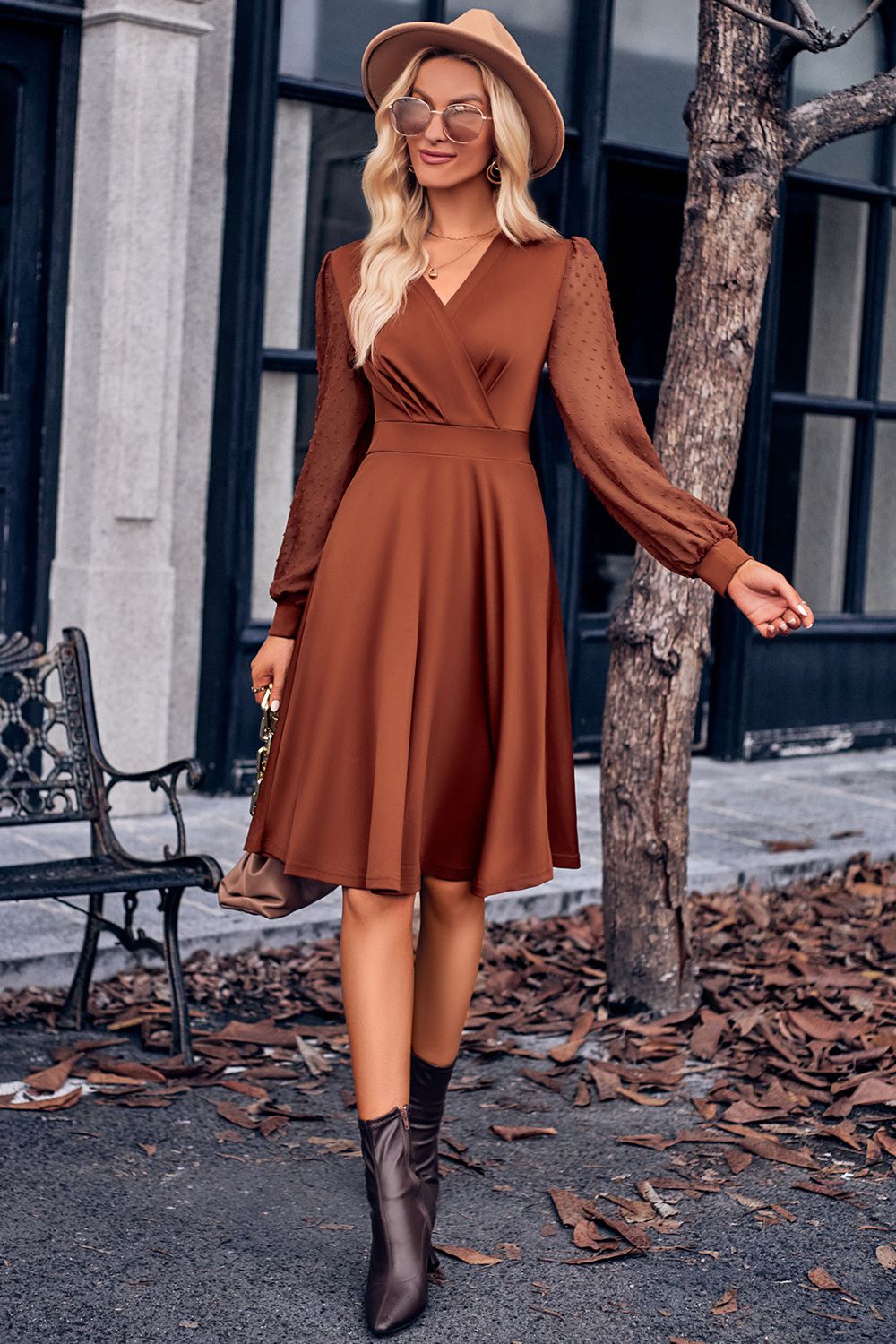 Surplice Neck Swiss Dot Long Sleeve Dress-Angel Casuals