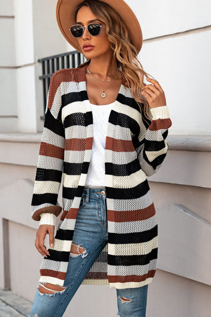 Full Size Striped Long Sleeve Openwork Cardigan-Angel Casuals