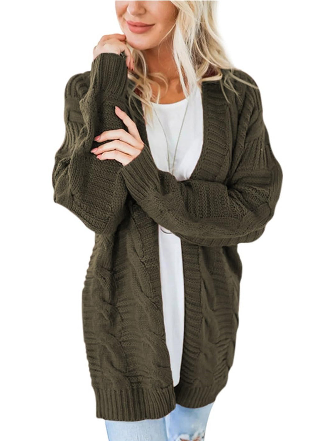 Cable-Knit Open Front Long Sleeve Cardigan-Angel Casuals