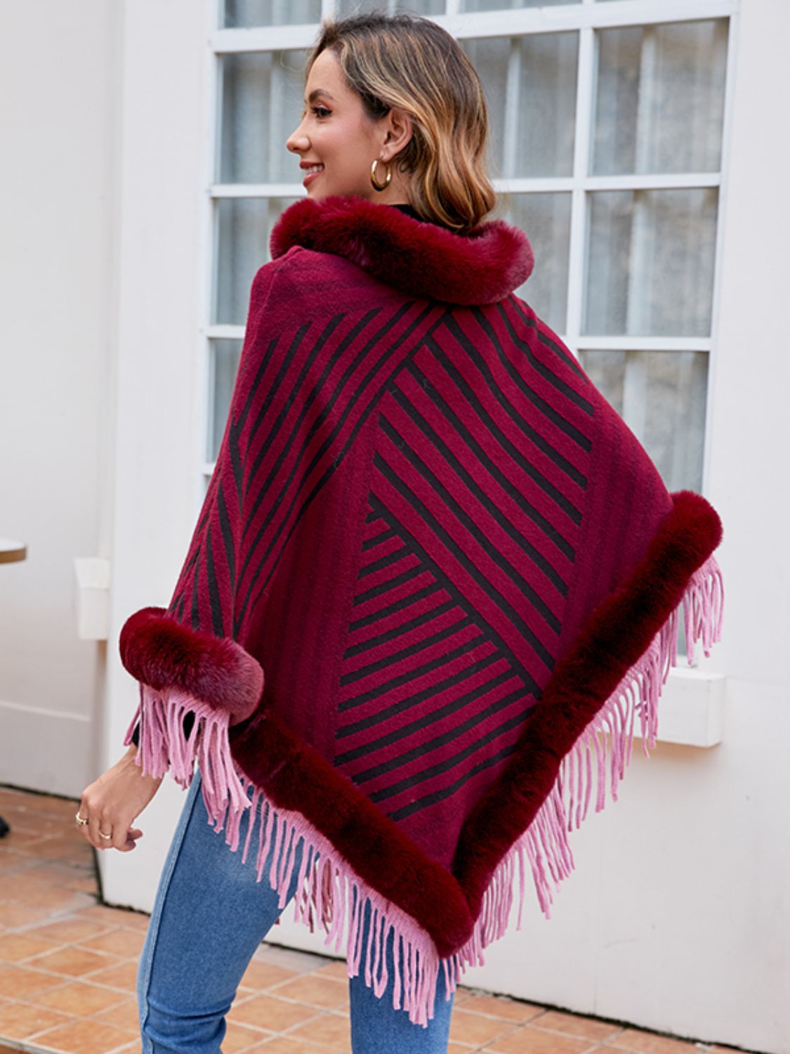 Striped Fringe Hem Poncho-Angel Casuals