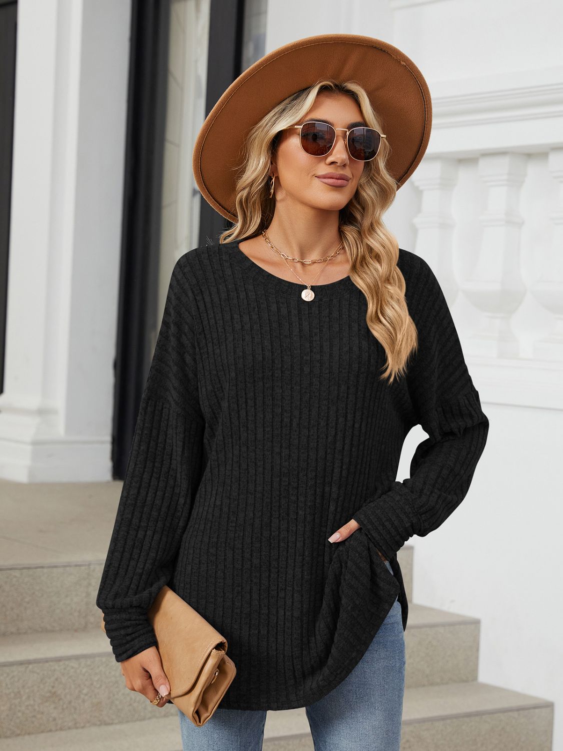 Ribbed Round Neck Long Sleeve T-Shirt-Angel Casuals